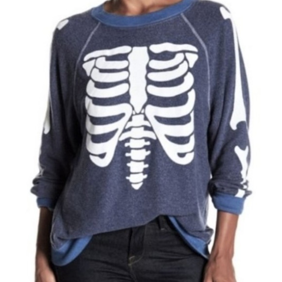 Wildfox Navy Blue Inside Out Skelton Skull Soft Fleece Retro Jumper Sweater - Picture 3 of 10